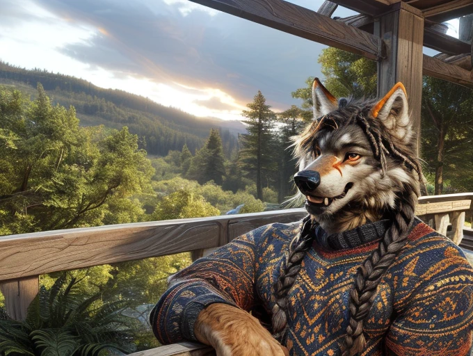 (by darkgem:1.4), masterpiece, best details, real life, depth of field, detailed background, (bright lighting:1.4), solo, (anthro), with bushy pubic hair and armpit hair, smiling, attitude, clear details, powerful, pleasure, covered in fur, fangs, tongue, ((anthro male wolf:1.4), sexy guy man, (brown fur, yellow belly fur, orange markings, braids)), on a veranda, in a forest, wearing a knitted jumper