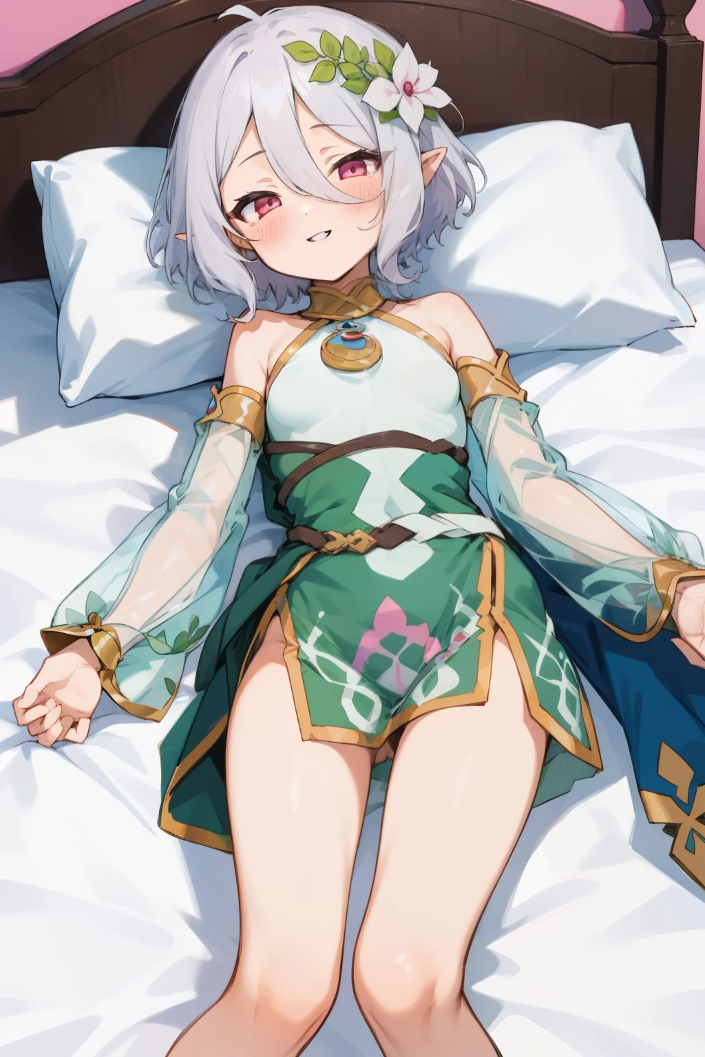 masterpiece, best quality, ultra-detailed, 1girl(kokkoro, lovely small breasts, white hair, short hair, pink eyes) , smile, parted lips, solo, white dress, detached sleeves, on the bed, lie down, lying, spread arms, top view