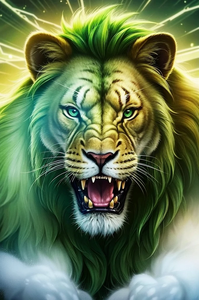 Lion、Real、Fantasy、Green mane、Creative、One in the world、More Green Mane、Golden body、Ultra-realistic、Ferocious、male々Shii、roar、Fight