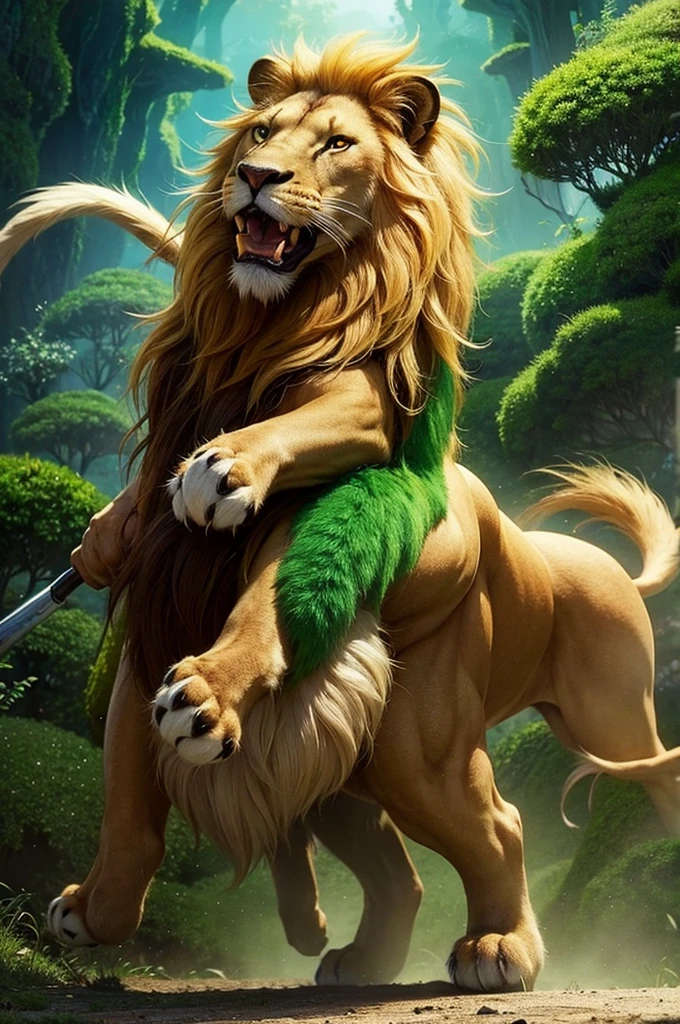 Lion、Real、Fantasy、Green mane、Creative、One in the world、More Green Mane、Golden body、Ultra-realistic、Ferocious、male々Shii、roar、Fight