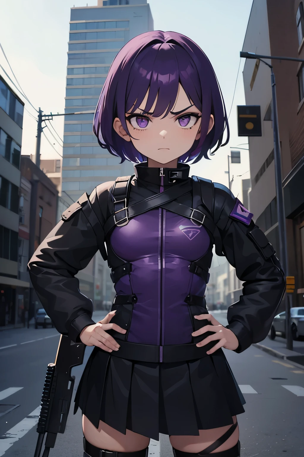 Ultra Detalhada, girl ,12 year old , short purple hair, angry face, black militar costume , small breasts , loi body , coldrer , equipamento tatico, cidade destruida, kevlar armour purple detailed , skirt , knife. Post-apocalyptic .