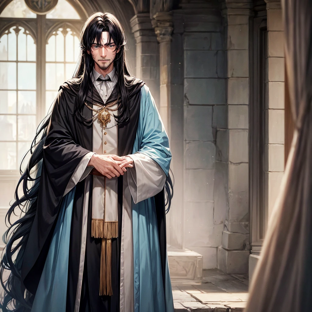 A tall boy, medium-long hair, black hair color, light blue eyes, light foot color, a Hogwarts uniform, and a scar on his face that starts from his nose and ends from his upper lip.