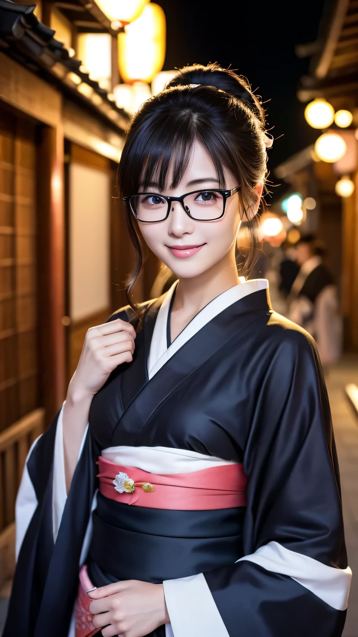 (Super beautiful woman in kimono)、((highest quality、8K masterpiece:1.3))、sharp focus:1.2、(super beautiful face:1.0)、(shiny skin:1.0)、realistic pictures、black hair、video lighting、High resolution eyes and face、video lighting、japanese actress、from the front、big breasts、with a happy smile、Slender abs beauty、whole body、wearing a kimono、in Kyoto、(((luxury obi)))、In Kyoto at night、wearing glasses with no edge、with a fan