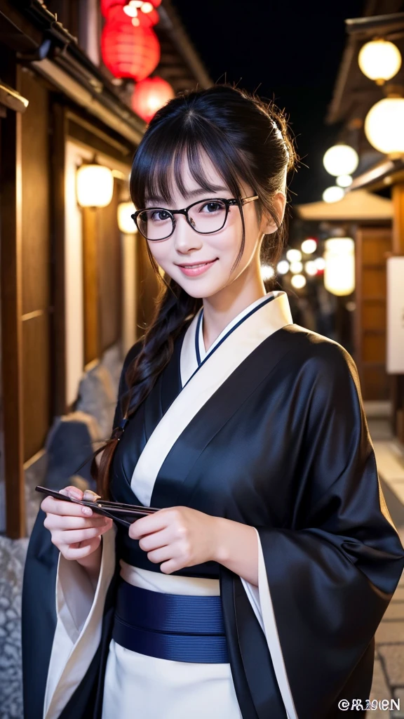 (Super beautiful woman in kimono)、((highest quality、8K masterpiece:1.3))、sharp focus:1.2、(super beautiful face:1.0)、(shiny skin:1.0)、realistic pictures、black hair、video lighting、High resolution eyes and face、video lighting、japanese actress、from the front、big breasts、with a happy smile、Slender abs beauty、whole body、wearing a kimono、in Kyoto、(((luxury obi)))、In Kyoto at night、wearing glasses with no edge、with a fan
