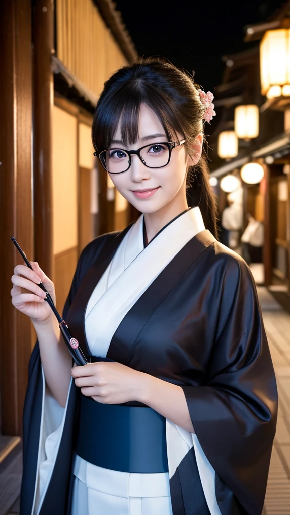 (Super beautiful woman in kimono)、((highest quality、8K masterpiece:1.3))、sharp focus:1.2、(super beautiful face:1.0)、(shiny skin:1.0)、realistic pictures、black hair、video lighting、High resolution eyes and face、video lighting、japanese actress、from the front、big breasts、with a happy smile、Slender abs beauty、whole body、wearing a kimono、in Kyoto、(((luxury obi)))、In Kyoto at night、wearing glasses with no edge、with a fan