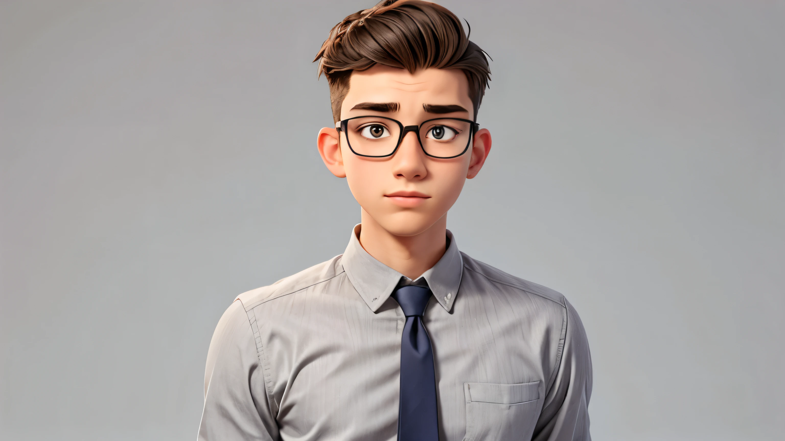 young man with glasses, with gray background,let your shoulders be seen, head on, cartoon style