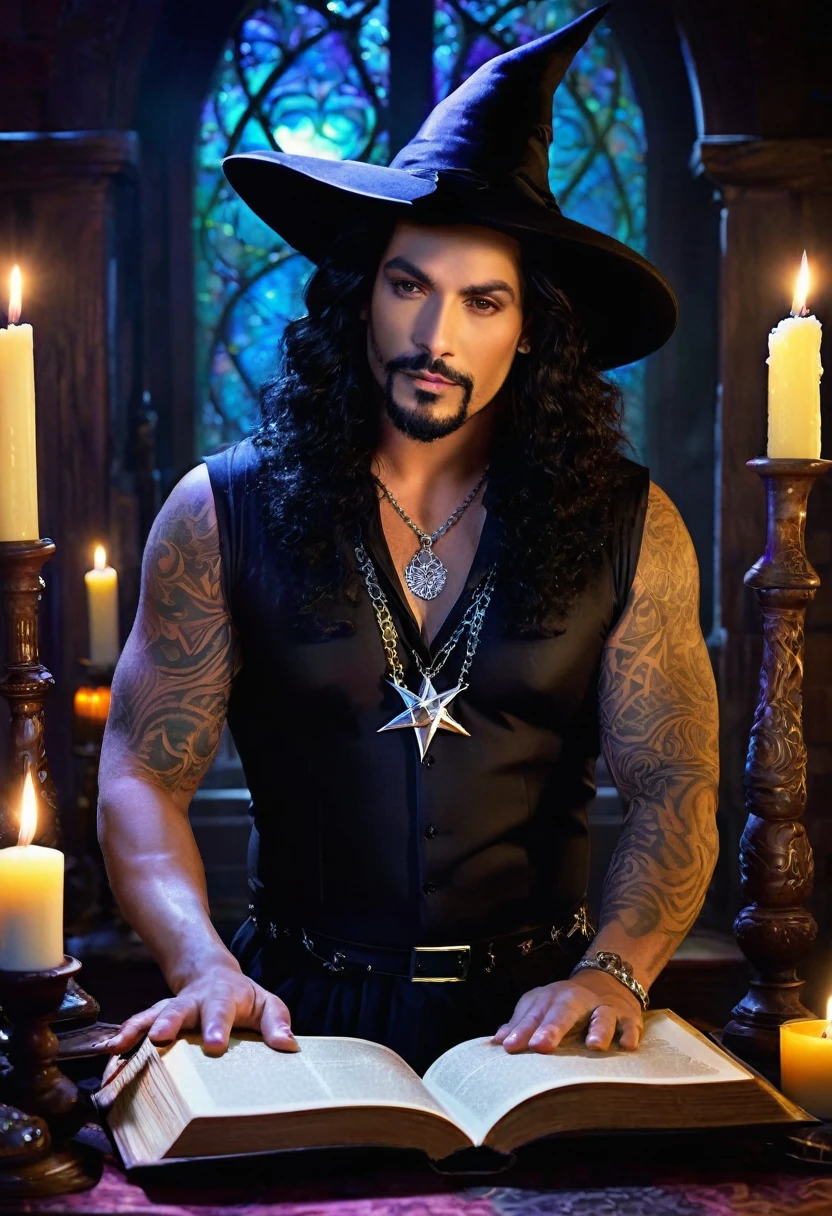 A deliciously masculine gorgeous enormously endowed scantily clad Puerto Rican male witch is casting luminous opalescent spells from the Halliwell Book of Shadows