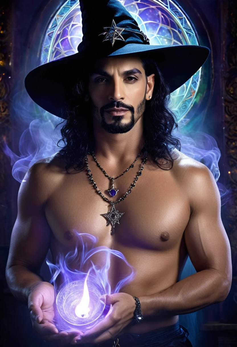 A deliciously masculine gorgeous enormously endowed scantily clad Puerto Rican male witch is casting luminous opalescent spells from the Halliwell Book of Shadows