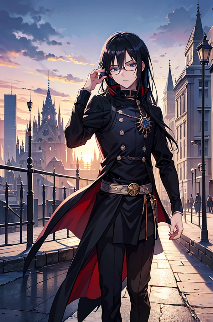 young man, magician, long black hair, blue eyes, wears glasses, wears black magician clothes, inspired by Nagato Uzumaki, cold personality. Manly, medieval city background