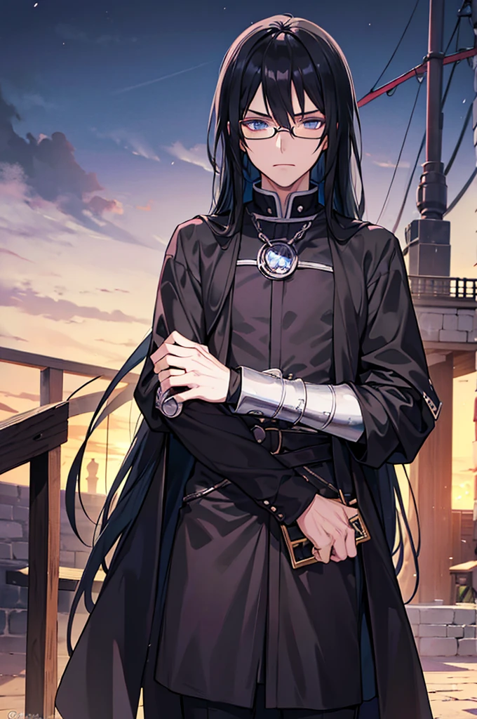 young man, magician, long black hair, blue eyes, wears glasses, wears black magician clothes, inspired by Nagato Uzumaki, cold personality. Manly, medieval city background