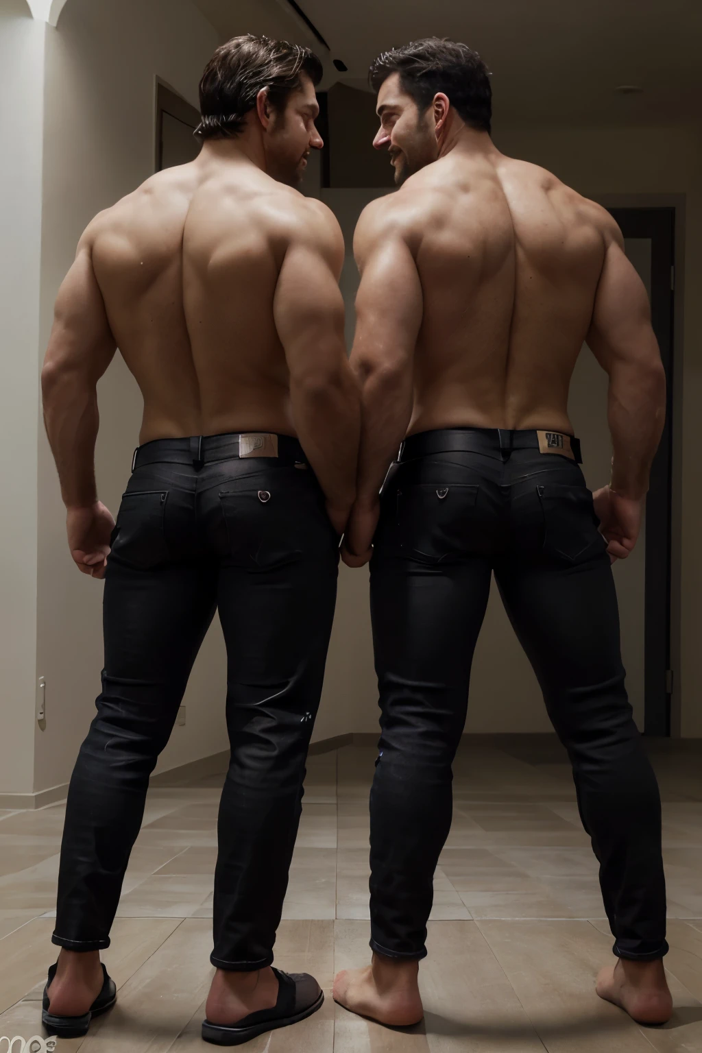 Award-winning original photoen, 30 years old man and wild muscular man, 40 years old, short beards, burly, hunk, wearing shirts, smilling happil, detailed, lovely, ((full body)), (((shirtless )))(((black black jeans))) (((backside))) (((Big butt)))