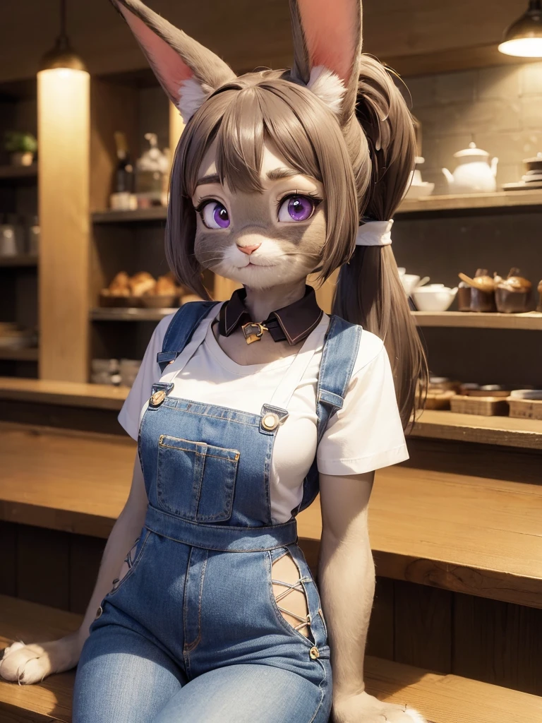 Highest quality,
masterpiece,
Ultra-realistic,
Super detailed,
Beautiful details,
4K，8K，upper,
Photo realistic,
medium Shot,
((Background is cafe)),
Realistic lighting,

((Anthropomorphic cat)),
((woman body)),
((7heads tall)),
Detailed animals,
Complex patterns,
(Furry:1.35),
(All skin is grey:1.3),
(The body is fluffy and bushy:1.3),
Realistic fur,

Human hand,

(((Judy Hopps face))),
((Aoki Reika facial expression)),
((ponytail)),
((see-through bangs)), bangs,
((dark brown hair color)),
Purple eyes,
{Eye highlights, Clear eyes, Eyes sparkling, round pupils},
Detailed Iris, 
(Eyebrows raised:1.2),
(Crescent eyebrows:1.3),
(cat ears:1.3), 
raised corners of mouth,

The lady is wearing a T-shirt and an apron, jeans underneath,
((White T-shirt)) BREAK ((dark brown apron)) BREAK ((cyan jeans)),
over knees apron,

(solo:1.5),
(1girl:1.5),
Only 1 character,
Perfect Anatomy,

Lighting front,
Lighting forward,
Intricate details, 
Ray Tracing, 
Realistic, 