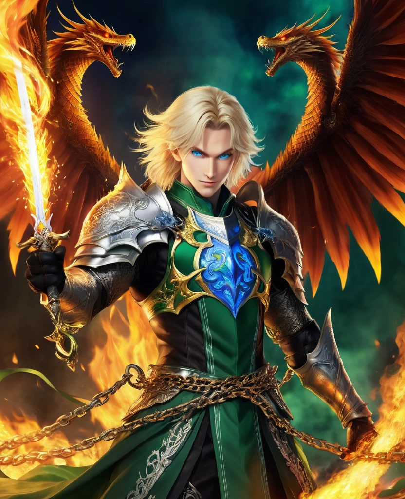 Being of fire, with six wings, wearing burning holy knight clothes, holding a sword with fiery spikes coming out of it, From his mouth comes a green serpent with blue eyes, your hair is blonde, and he is very handsome, and he has chains around his body, and your hands catch fire.