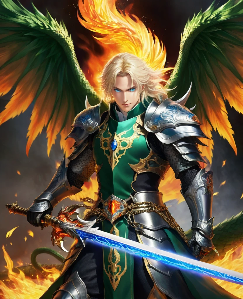 Being of fire, with six wings, wearing burning holy knight clothes, holding a sword with fiery spikes coming out of it, From his mouth comes a green serpent with blue eyes, your hair is blonde, and he is very handsome, and he has chains around his body, and your hands catch fire.