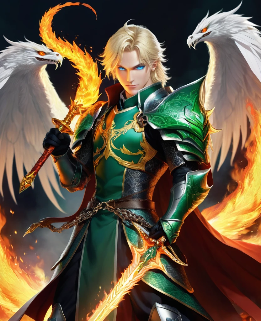 Being of fire, with six wings, wearing burning holy knight clothes, holding a sword with fiery spikes coming out of it, From his mouth comes a green serpent with blue eyes, your hair is blonde, and he is very handsome, and he has chains around his body, and your hands catch fire.