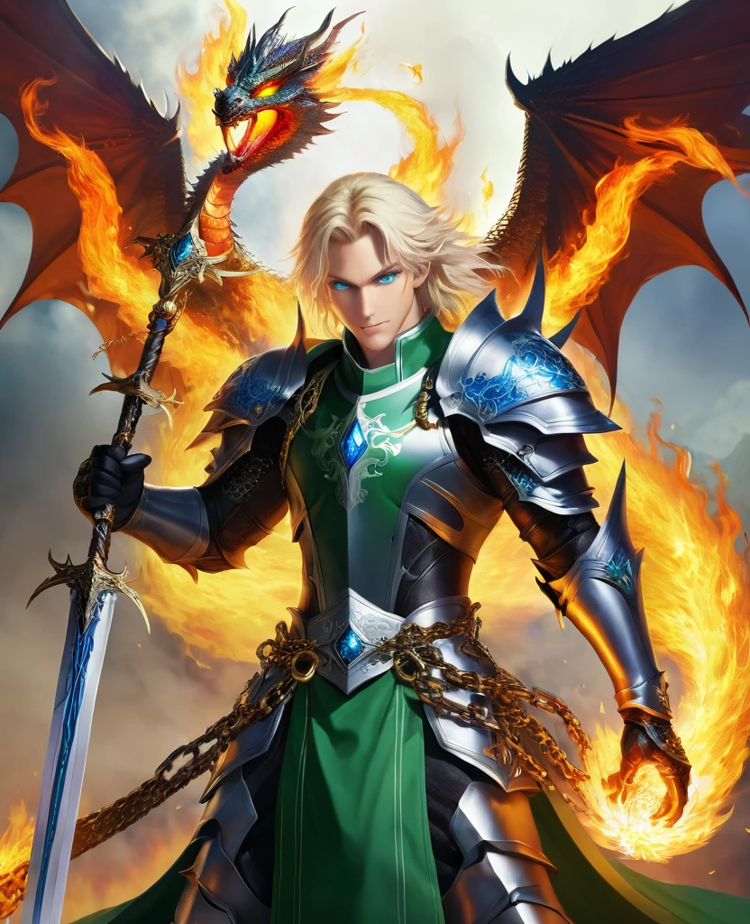 Being of fire, with six wings, wearing burning holy knight clothes, holding a sword with fiery spikes coming out of it, From his mouth comes a green serpent with blue eyes, your hair is blonde, and he is very handsome, and he has chains around his body, and your hands catch fire.
