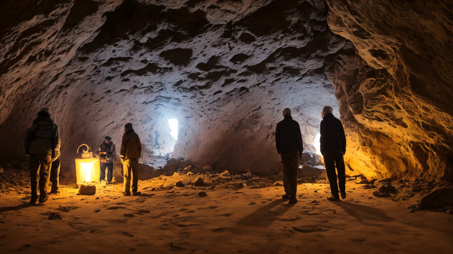 group of male and old researchers, exploring a dark cave with strange lights