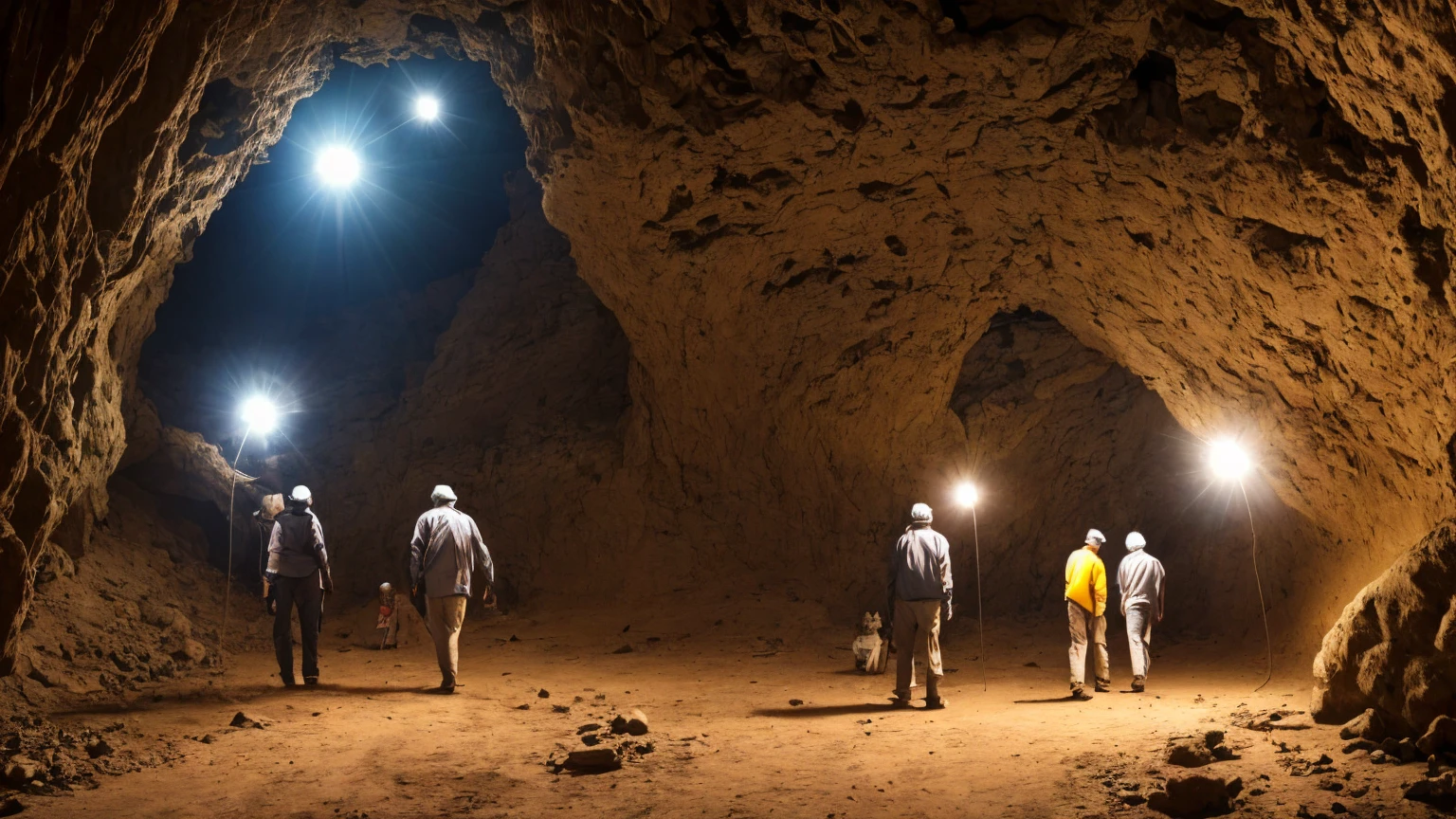 group of male and old researchers, exploring a dark cave with strange lights 