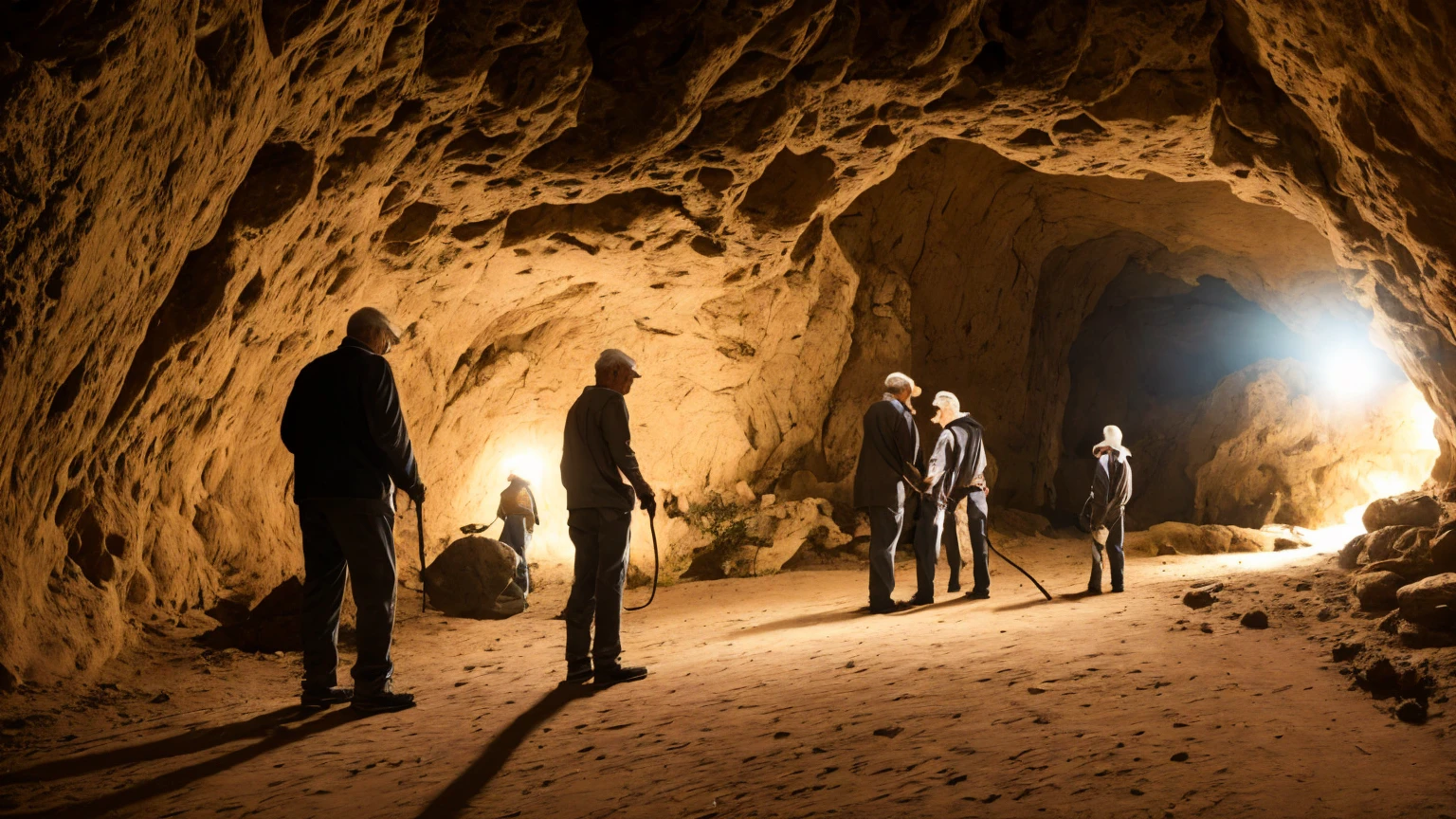 group of male and old researchers, exploring a dark cave with strange lights 