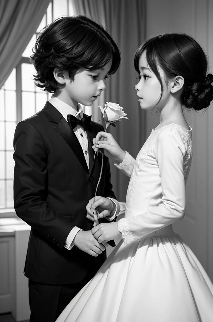 Create a  prince style boy handing a rose to a girl ,create the drawing in black and white 