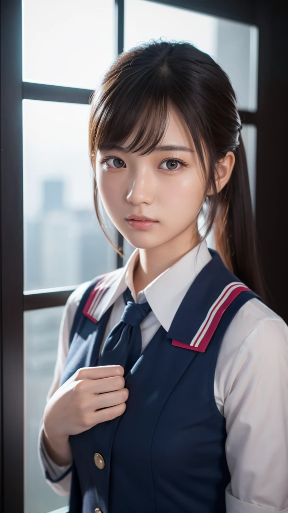 A beautiful young Japanese woman, around 20 years old, wearing a stewardess uniform, ultra-detailed, 8K resolution, highly realistic, cinematic lighting, best quality, masterpiece, photorealistic, physically-based rendering, extremely detailed, vivid colors, professional, sharp focus, studio lighting