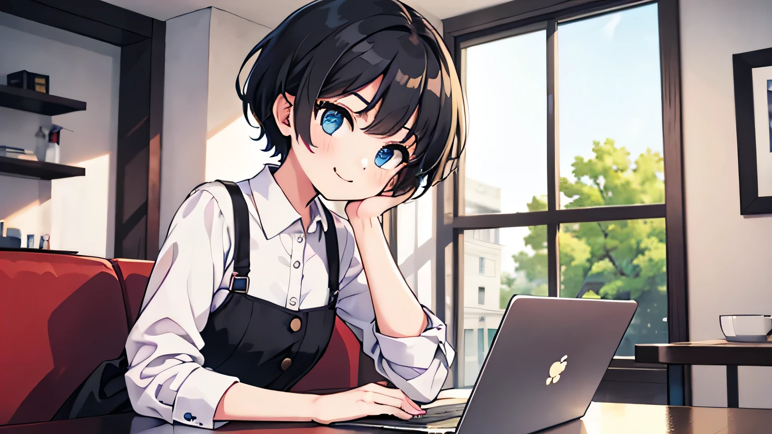1girl, solo, blue eyes, (detailed eyes), flat chest, short hair, black hair, upper body, gentle smile on her face, wearing a white dress shirt, sitting up straight((masterpiece, illustration, best quality)) A woman operating a laptop in a stylish cafe、28 years old、adult atmosphere、Close-up