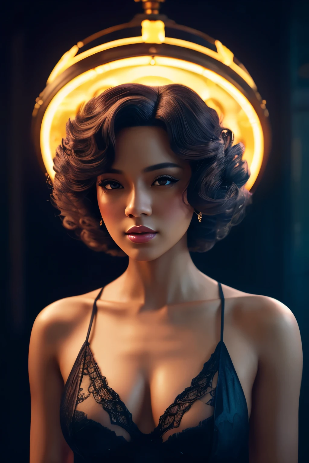 light skinned  with model features, glamor style, curly bob, old money fashion, illustrated by aoiro studio and masaaki komori, hyper detailed, neon lights, cinematic lighting, matte painting, illustrated in an oil painting style, trending on artstation, contemporary art, surrealistic and dreamlike atmosphere.

