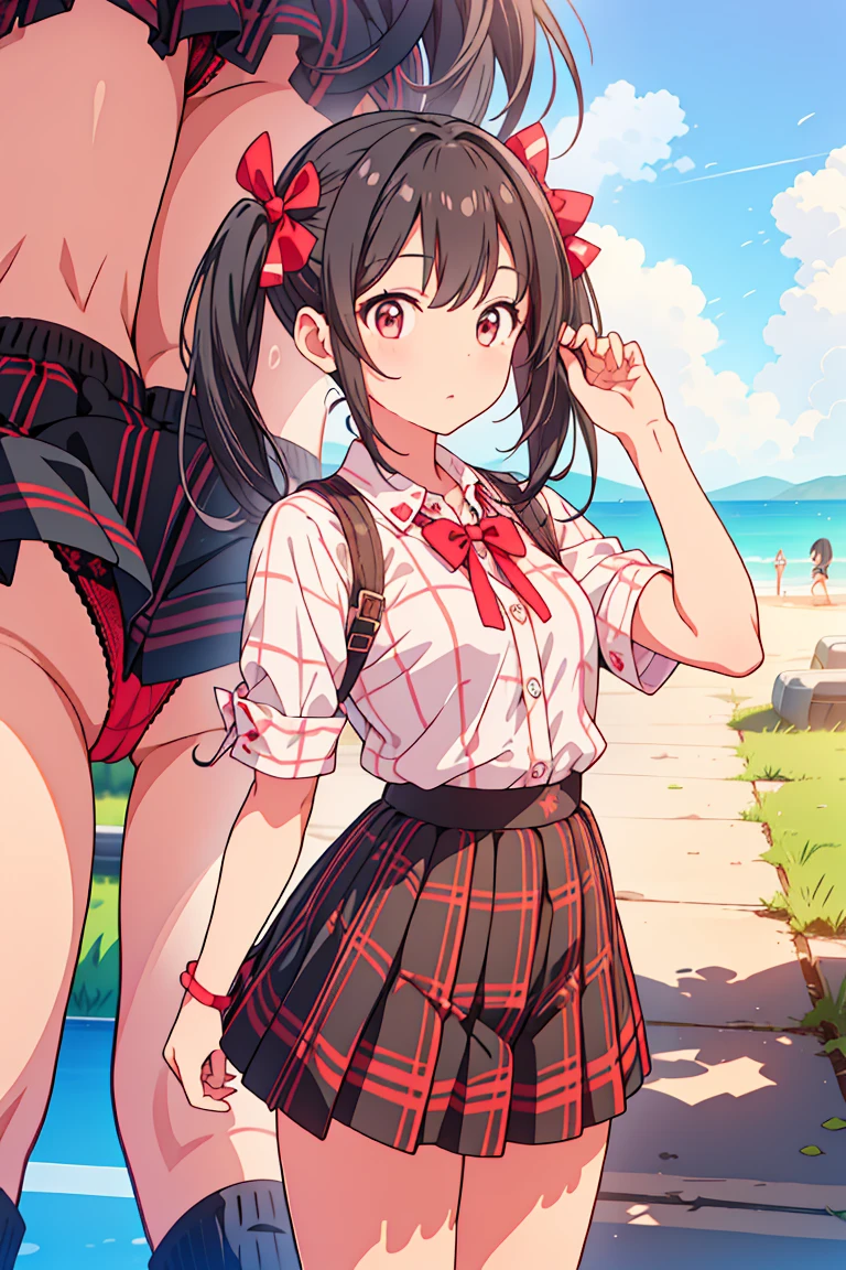 ((Multiple Views))((1 Girl))((Idol@Star))Risa Matoba,Happy,Outdoor,station,panties,(Checkered summer shirt)whole body,From below,Multiple Views,Low Angle,Unbutton your shirt,Black hair twin tails,Red ribbon,loafers,