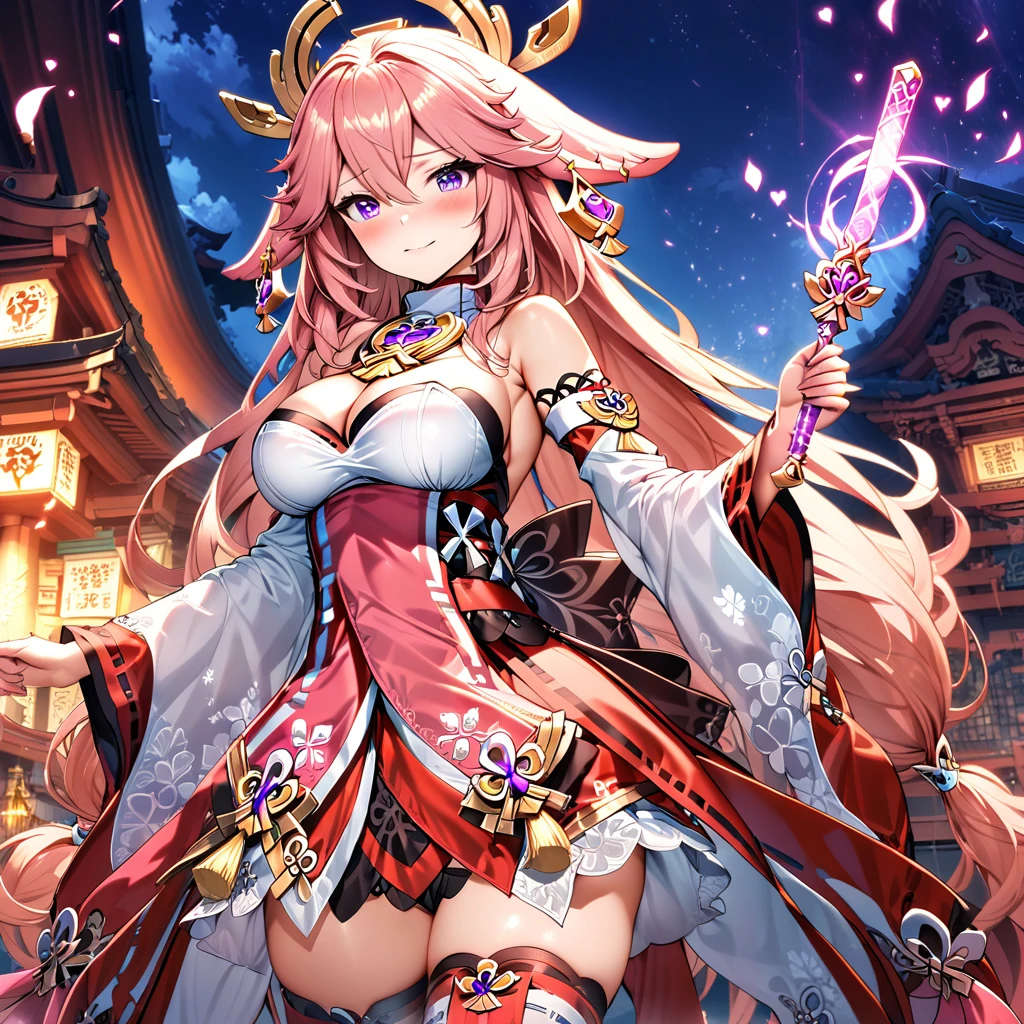 (masterpiece), best quality, expressive eyes, perfect face,1girl,yae miko,genshin impact,japanese shrine,sakura petals in the air,magic stick,holding,holding magic stick,shy smile,blush,cowboy shot,glowing eyes,big breasts,cleavage,long hair,strapless,bare shoulder,(magical girl:1.7),frilled dress,frilled layered skirt,thighhigh stockings,studio lighting,(sparkle:0.9),(glitter:0.9)