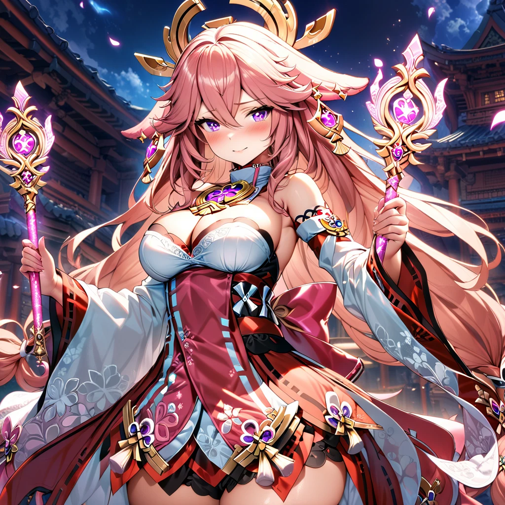 (masterpiece), best quality, expressive eyes, perfect face,1girl,yae miko,genshin impact,japanese shrine,sakura petals in the air,magic stick,holding,holding magic stick,shy smile,blush,cowboy shot,glowing eyes,big breasts,cleavage,long hair,strapless,bare shoulder,(magical girl:1.7),frilled dress,frilled layered skirt,thighhigh stockings,studio lighting,(sparkle:0.9),(glitter:0.9)