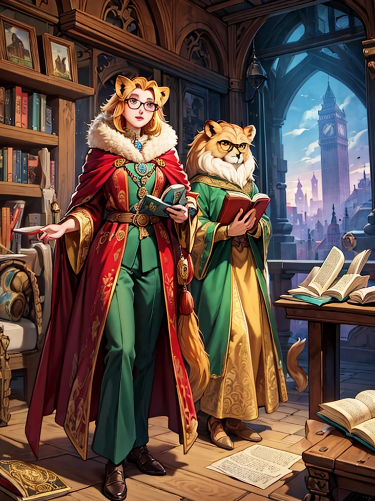 anthropomorphic characters, regal lion, royal attire, cunning fox, trench coat, wise owl, glasses, vibrant cityscape, modern and medieval architecture, book cover, ornate lettering, adventure, intrigue, worn edges, well-loved book