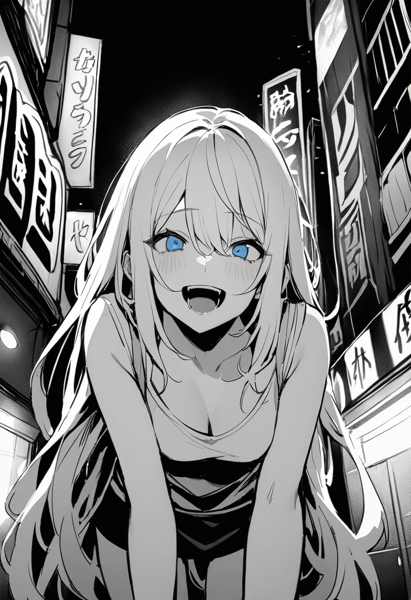 (masterpiece:1.2)、Highest quality、Pixiv、Rebellious girl、One Girl、Open your mouth、鋭いteeth、teeth、length Hair、Street background、Bright Blue Eyes、Upper Body、smile、Focus on your audience、Central chest、Shoulder Bare、belly button、Black and white hair color,Leaning forward,Night view,black and white grey outfit,Overflowing drool、saliva、White Breath、Haa,Draw your mouth with your finger、Excited expression、length, Narrow eyes,Fallacy,Monochrome