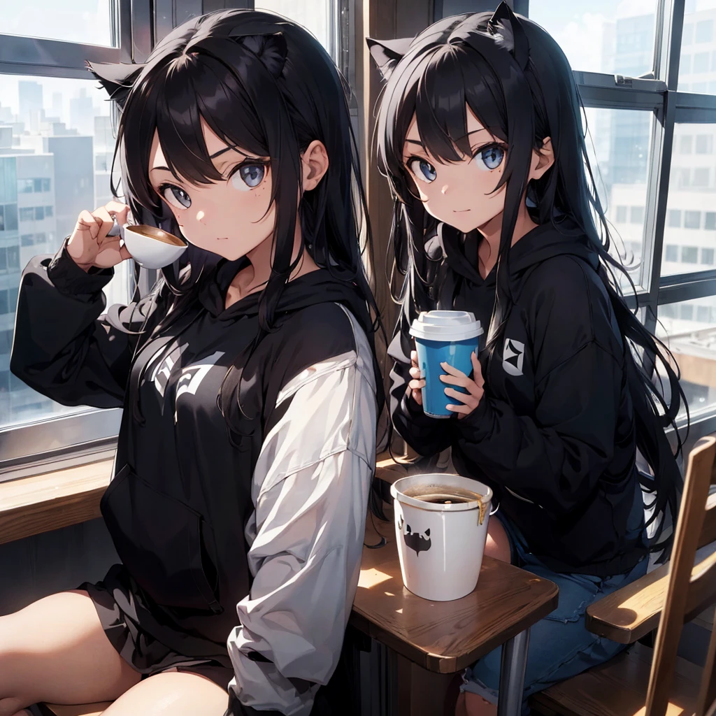 1 girl, black hoodie, long hair, beautiful face, cool, intimidation, black hair, drinking coffee, window, cat ears, anime girl, popular