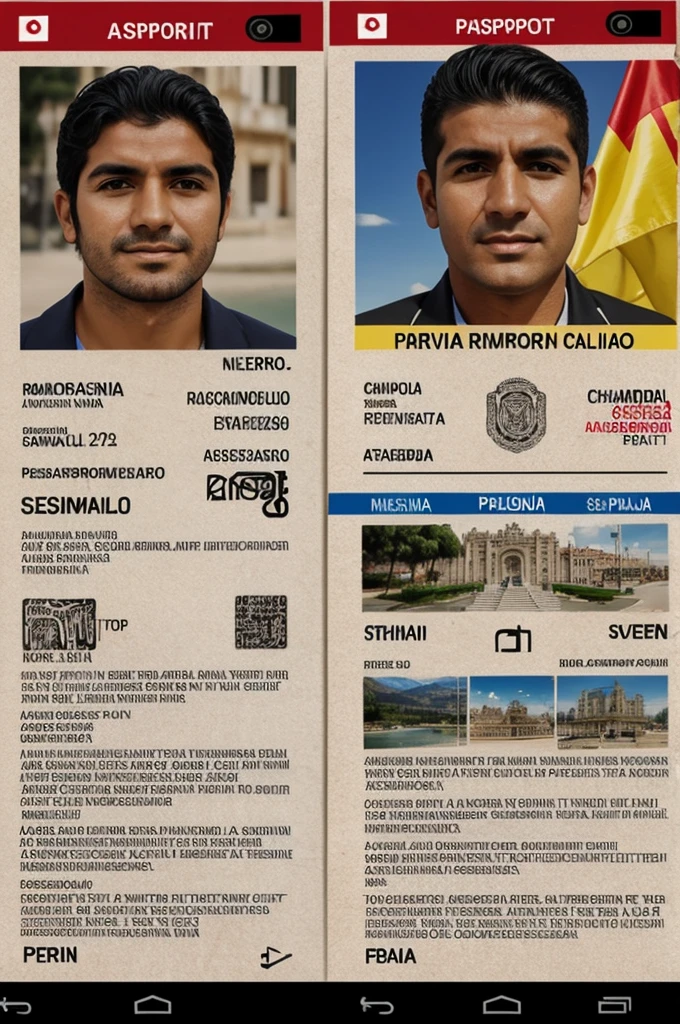 Make a real and realistic passport from Peru to Spain with the name Steven Raúl Gonzáles Chamorro and dated at the end of June that is a photo taken with a cell phone 