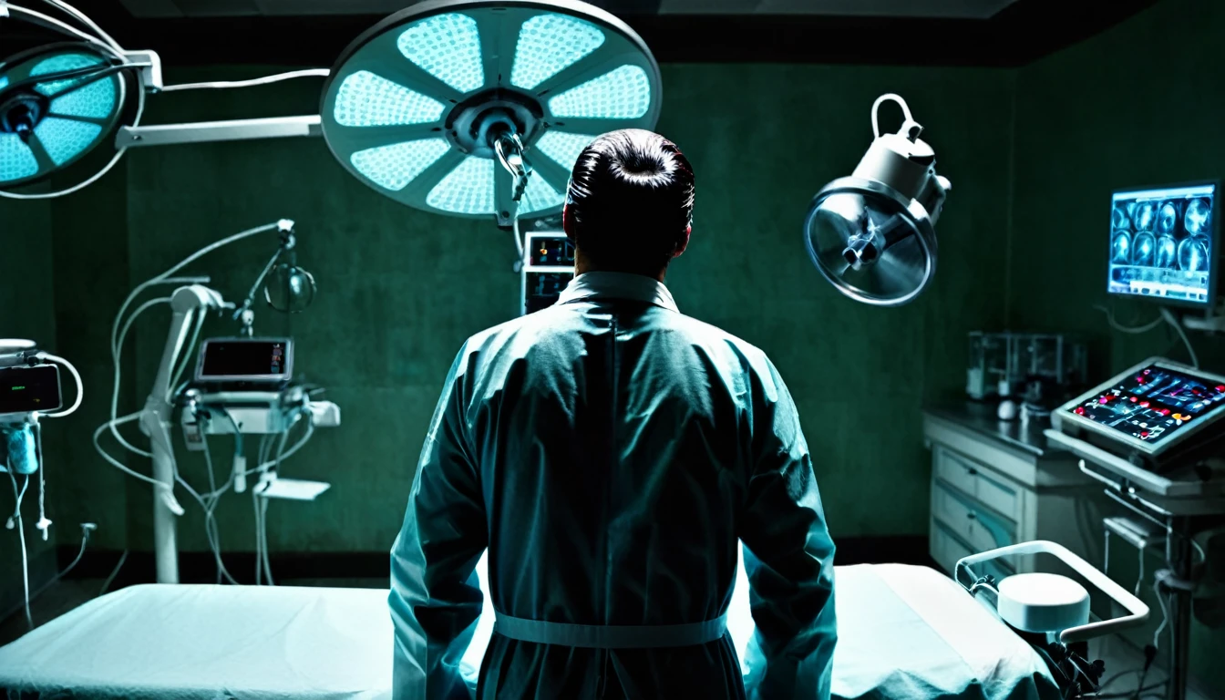 macabre doctor, with his back to the camera, operating room, sinister, macabre environment