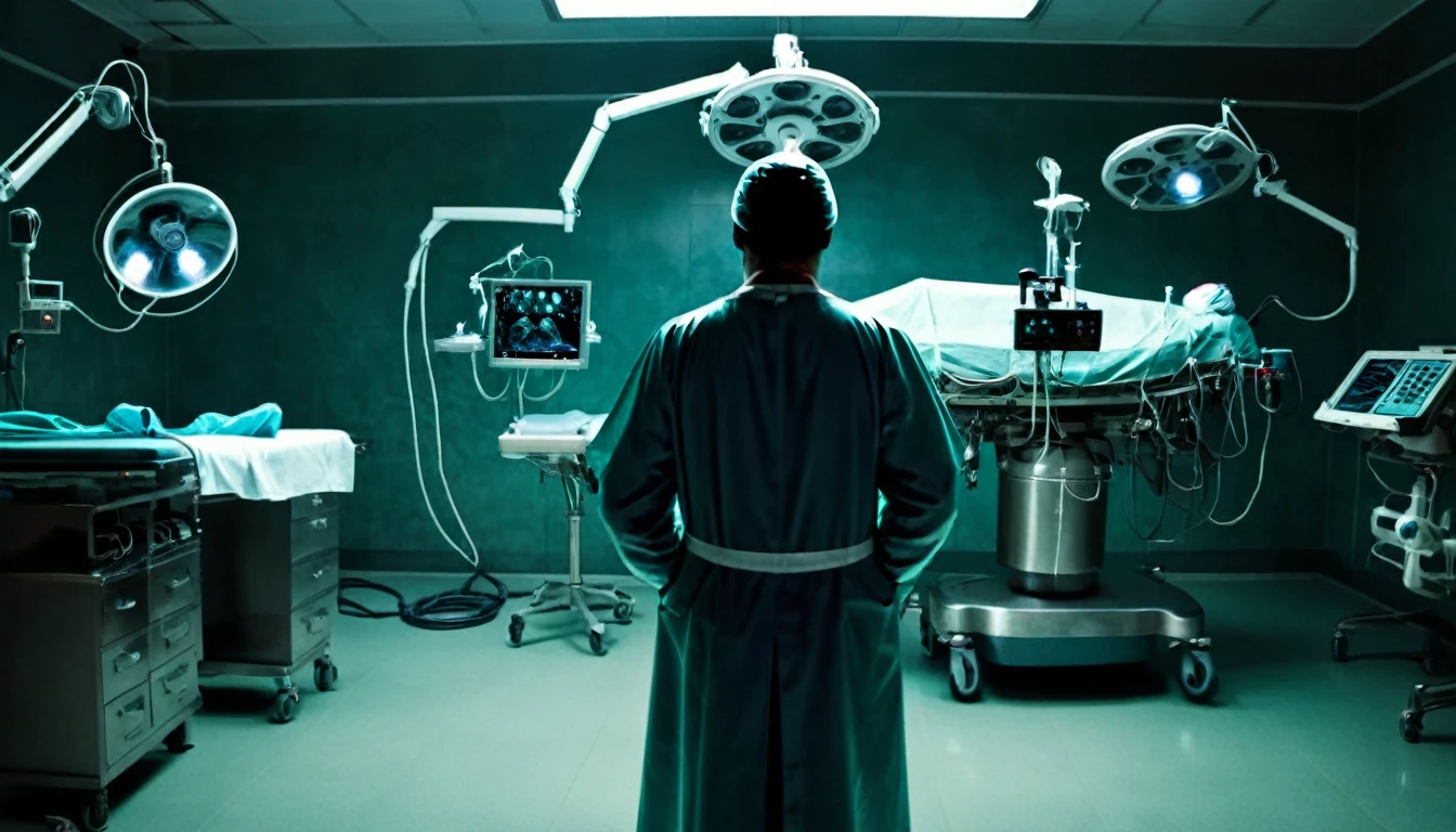 macabre doctor, with his back to the camera, operating room, sinister, macabre environment