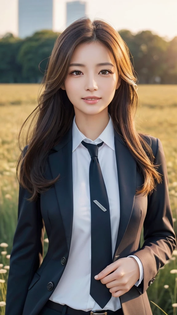 highest quality、genuine、Super detailed、finely、High resolution、8k wallpaper、one beautiful woman、、、light brown disheveled hair、wearing a business suit、sharp focus、perfect dynamic composition、beautiful and detailed eyes、thin hair、Detailed genuine skin texture、smile、model body shape、In Tokyo at morning、In a windswept meadow