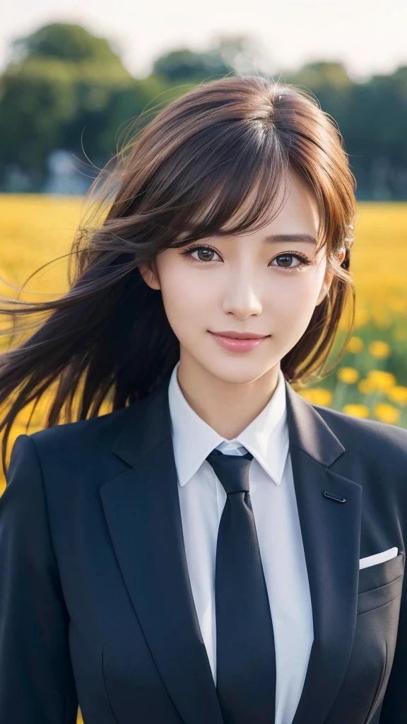 highest quality、genuine、Super detailed、finely、High resolution、8k wallpaper、one beautiful woman、、、light brown disheveled hair、wearing a business suit、sharp focus、perfect dynamic composition、beautiful and detailed eyes、thin hair、Detailed genuine skin texture、smile、model body shape、In Tokyo at morning、In a windswept meadow