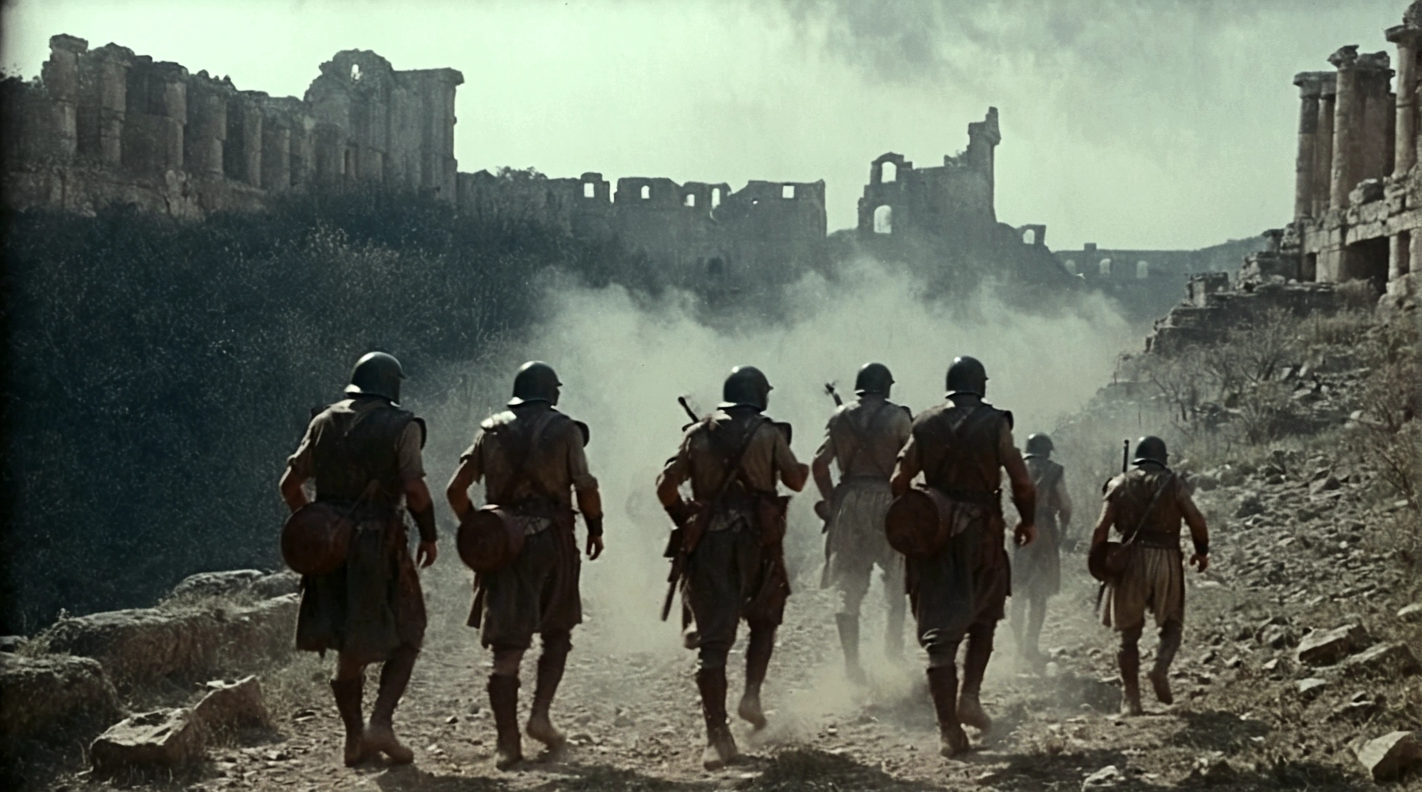 black and white, grainy old footage, 35mm vintage, frightened 18th century explorers running from two giant-spartan soldiers among ancient ruins