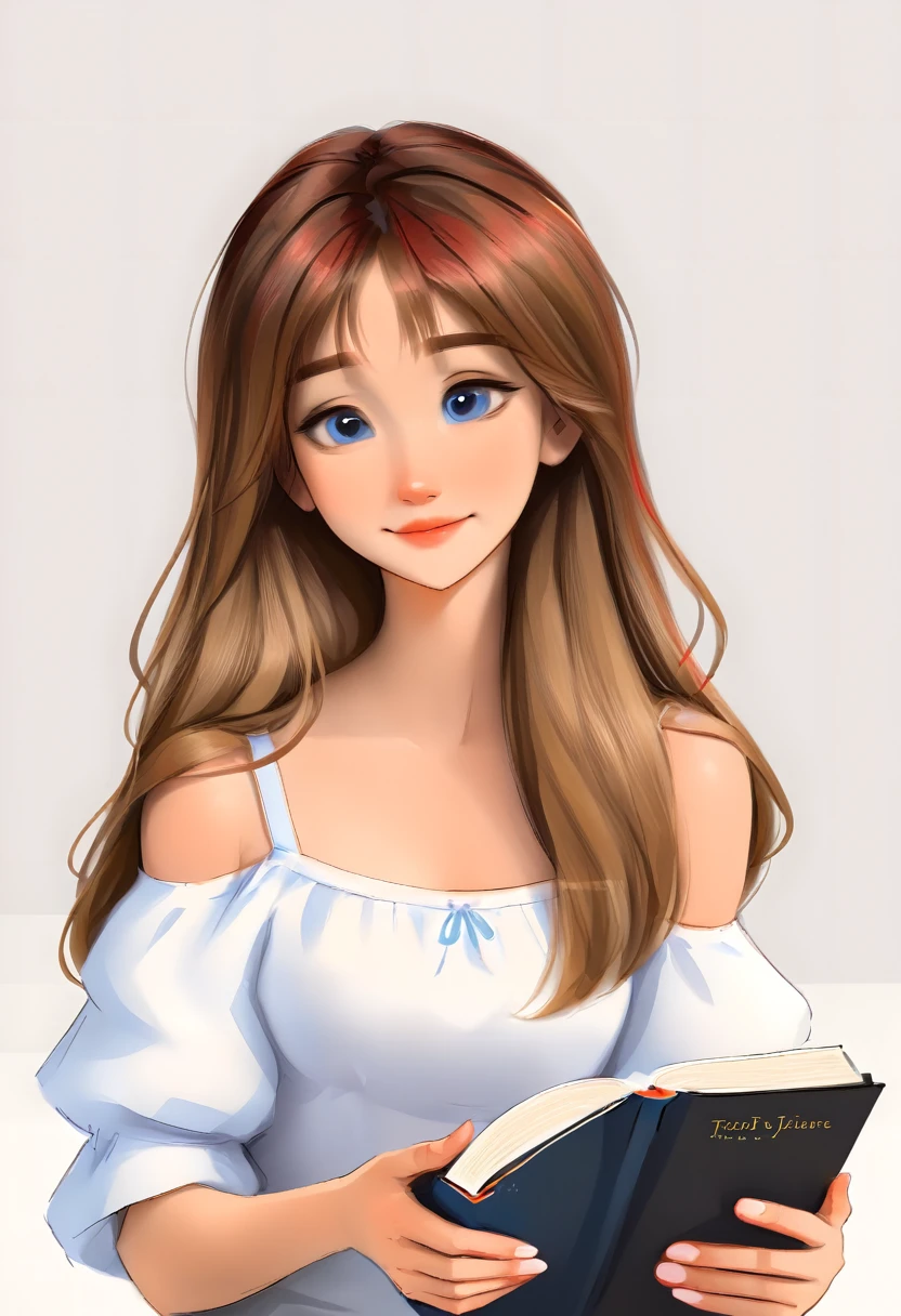 portrait of a cute woman, long hair, light brown hair with red highlights, blue eyes, wearing white, reading a book, White background, anime styling