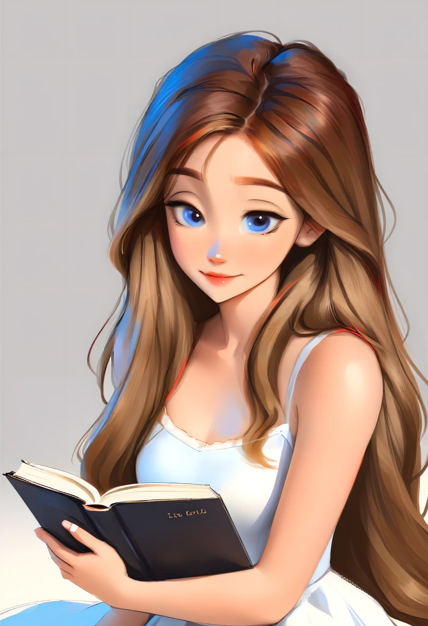 portrait of a cute woman, long hair, light brown hair with red highlights, blue eyes, wearing white, reading a book, White background, anime styling