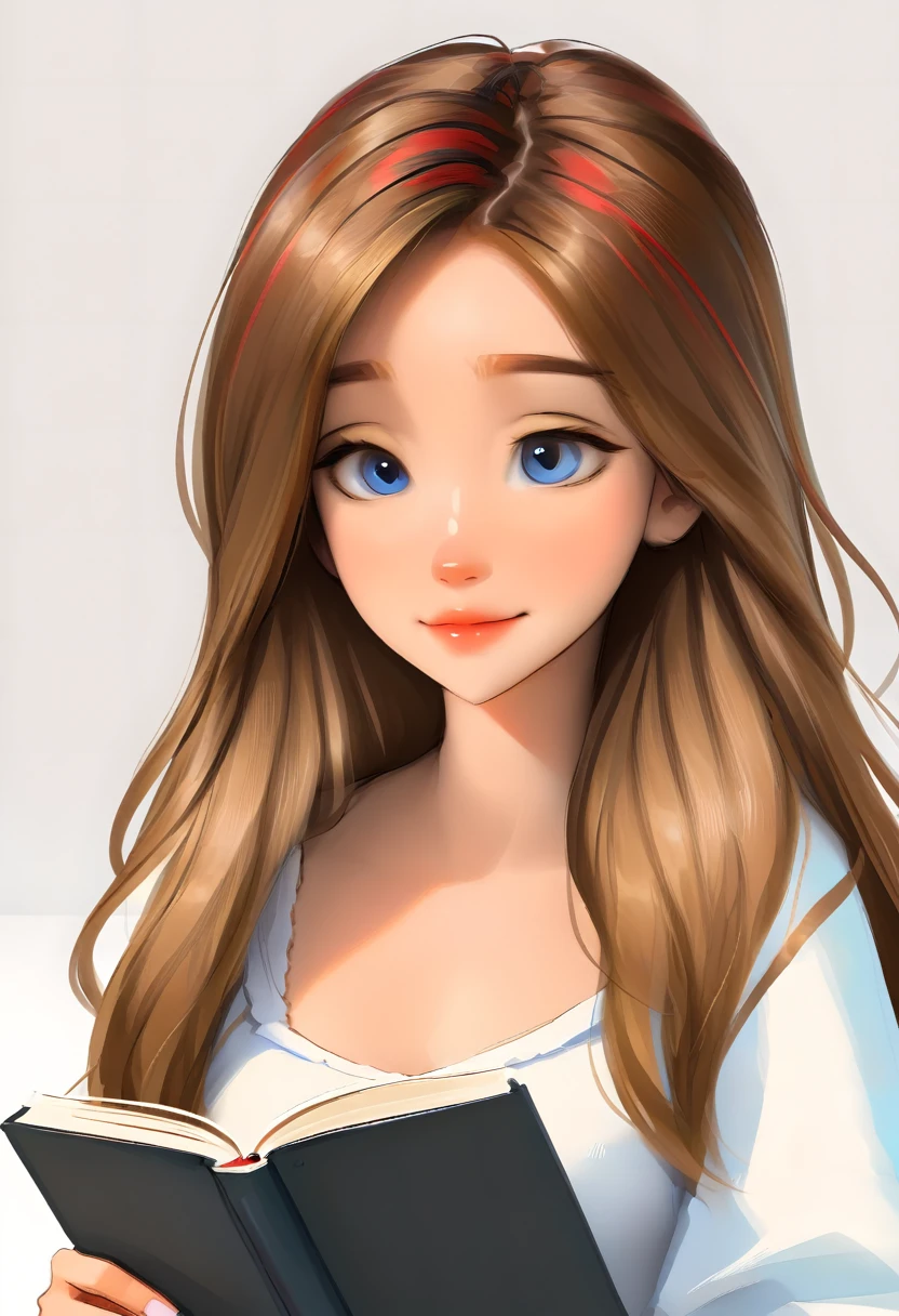 portrait of a cute woman, long hair, light brown hair with red highlights, blue eyes, wearing white, reading a book, White background, anime styling