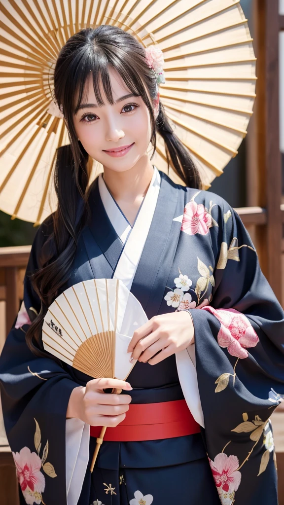 (Super beautiful woman in kimono)、((highest quality、8K masterpiece:1.3))、sharp focus:1.2、(super beautiful face:1.0)、(shiny skin:1.0)、realistic pictures、black hair、video lighting、High resolution eyes and face、video lighting、japanese actress、from the front、with a happy smile、whole body、wearing a kimono、in Kyoto、(luxury obi)、with a fan