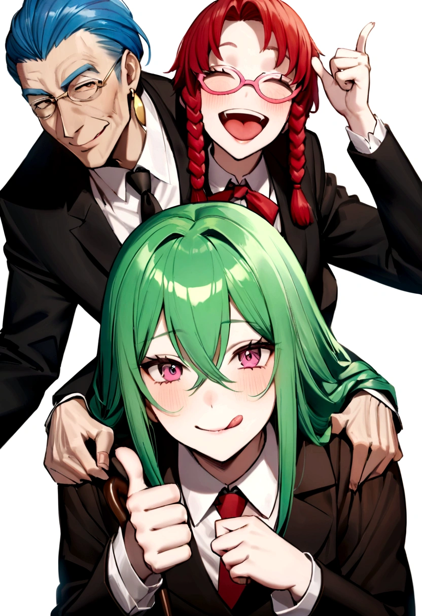The one with green hair would have both arms on each shoulder of the one with red hair and the one with blue hair., pulling them both down The one with dreads would be very calm and giving a thumbs up to the camera The one with red hair would have his tongue out, which is a split tongue The one with blue hair was pushing the red one&#39;s face with one hand and the other was pulling the one with dreadlocks closer The one with the mask was standing close by with a little sign written ""Johan Ciel, best lawyer in the world(the most liar) contact phone: 940028922""

The one with pink glasses was making horns on the head of someone nearby And the elderly man was bent over with a cane, smiling forcedly
