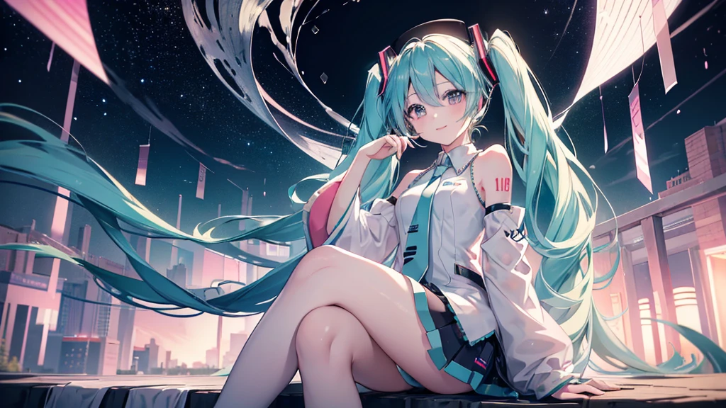 (((Hatsune Miku))), (((Highest quality、masterpiece、Ultra-fine、Ultra-fine、Exquisite、16K、Full HD,high school girl,))) 、((The best smile)), Dark Eyes、Long eyelashes、White skin、(Pale pink lips、Pale pink cheeks、thin and long)、 ((cute)) ((One person)) 、((Sitting)) 、Wide Shot、Space galaxy background、(A magnificent composition、epic proportion)、Dynamic lighting、