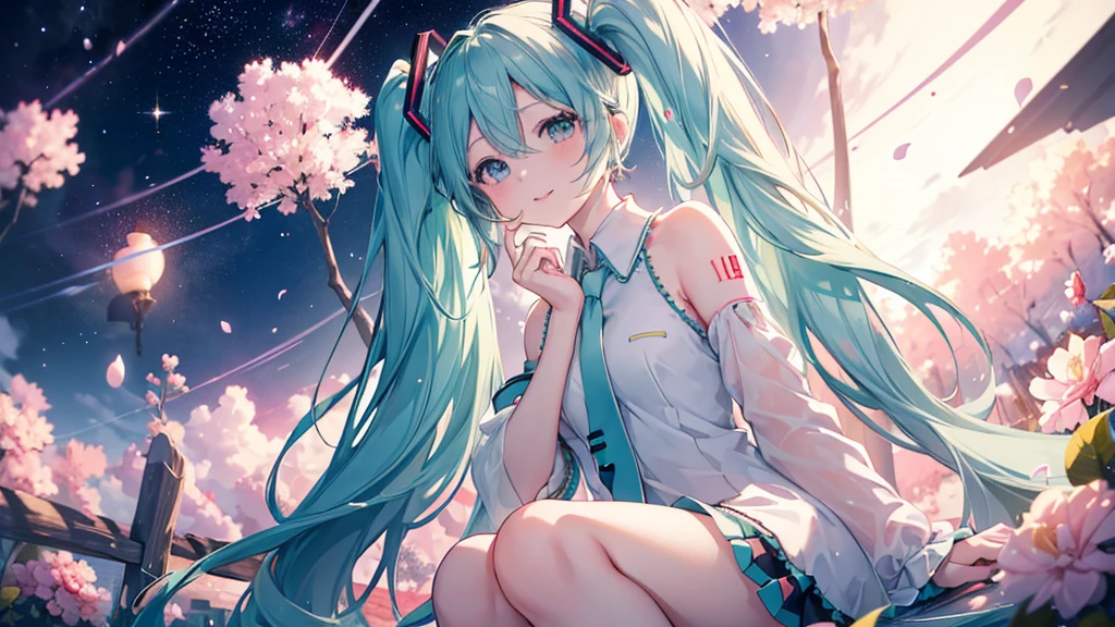  (((Hatsune Miku))), (((Highest quality、masterpiece、Ultra-fine、Ultra-fine、Exquisite、16K、Full HD,high school girl,))) 、((The best smile)), Dark Eyes、Long eyelashes、White skin、(Pale pink lips、Pale pink cheeks、thin and long)、 ((cute)) ((One person)) 、((Sitting)) 、Wide Shot、Space galaxy background、(A magnificent composition、epic proportion)、Dynamic lighting、