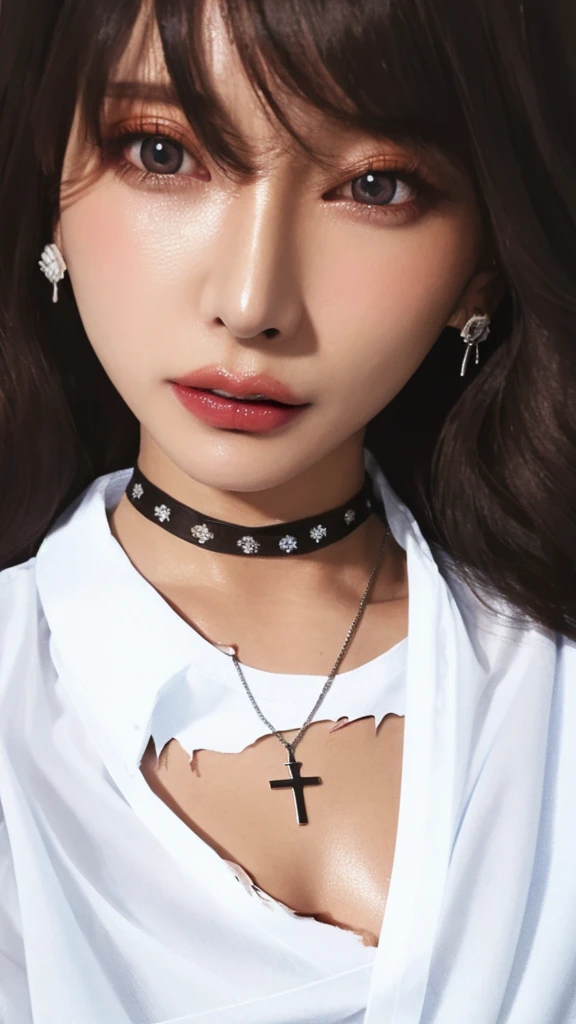 (masterpiece),(best quality),(ultra highres),(8k resolution),(realistic),(ultra detailed),(sharp focus),(RAW photo),
1girl,good hand,(long hair),(wavy hair),(hair over one eye),glasses,(choker),(cross necklace),(earrings),(sapphire eyes),(nearly torn white shirt:1.6),(ahegao),(blush:0.5),