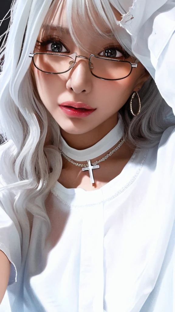 (masterpiece),(best quality),(ultra highres),(8k resolution),(realistic),(ultra detailed),(sharp focus),(RAW photo),
1girl,good hand,(long hair),(wavy hair),(hair over one eye),glasses,(choker),(cross necklace),(earrings),(sapphire eyes),(nearly torn white shirt:1.6),(ahegao),(blush:0.5),