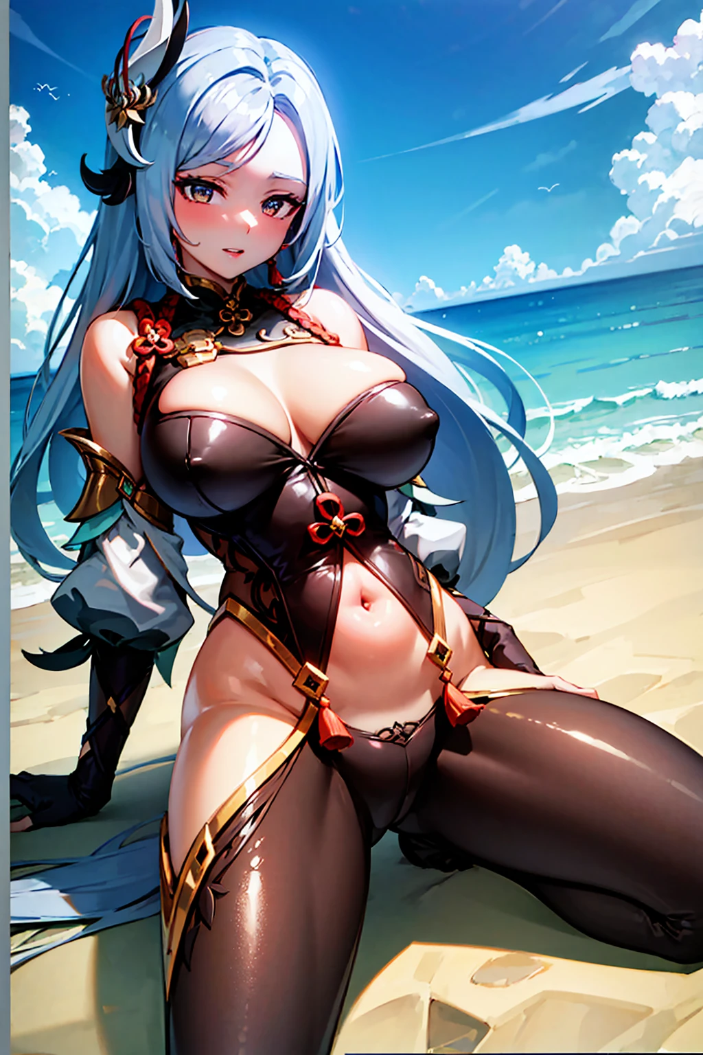 Shenhe, genshin impact ,big breasts, sexy, naughty, horny, body stockings, hip vent, long hair, hair ornament, 