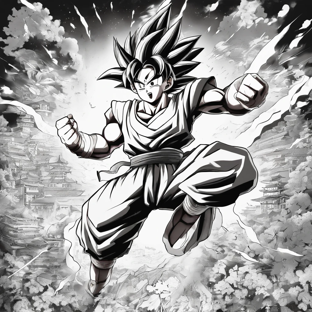 Son goku in diverse situation, diverse scene very detailed, scene in black and white, style like a manga page,